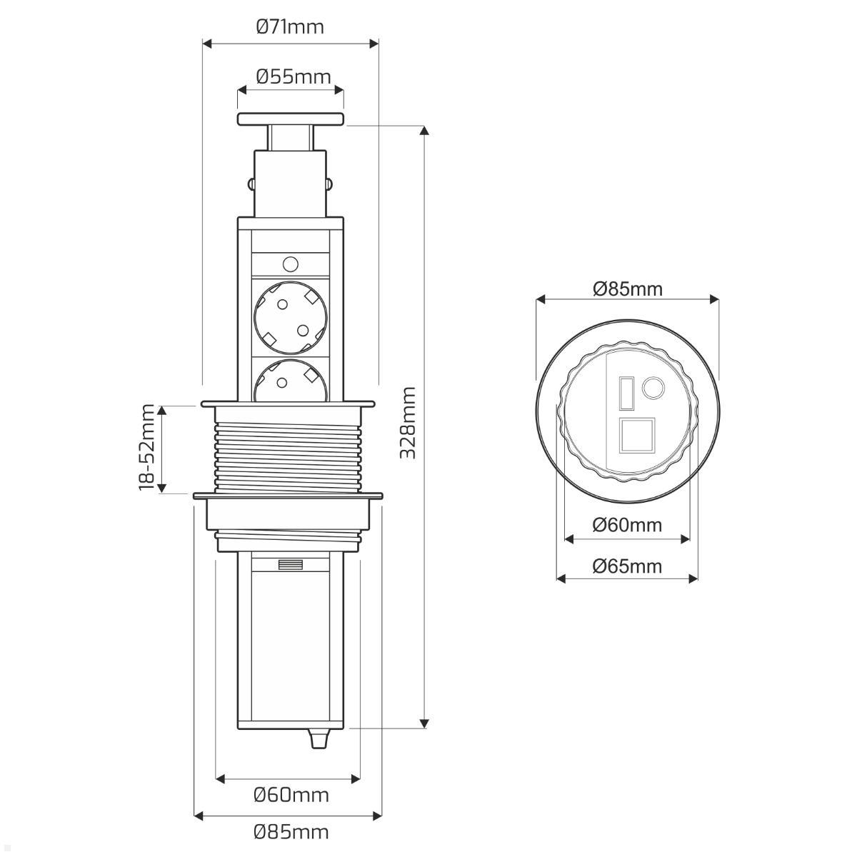 TecLines TVS009B versenkbare 3-fach Steckdosenleiste mit 2x USB, schwarz - Maße