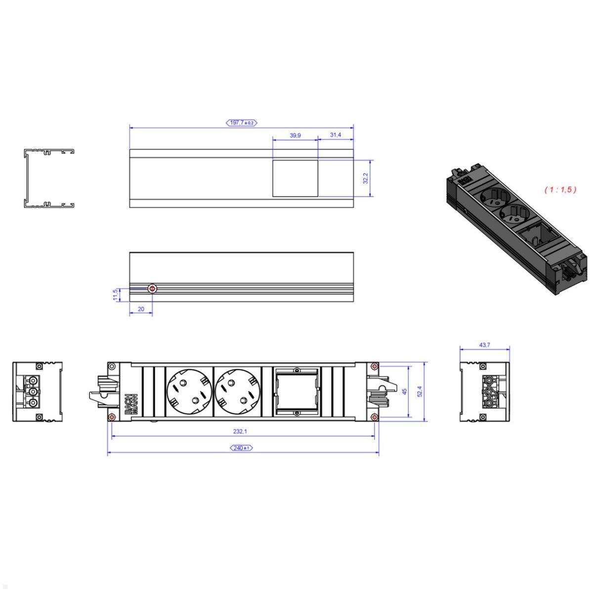 Bachmann STEP ALU 2x Steckdose 1x Custom Modul (906.09528), Skizze