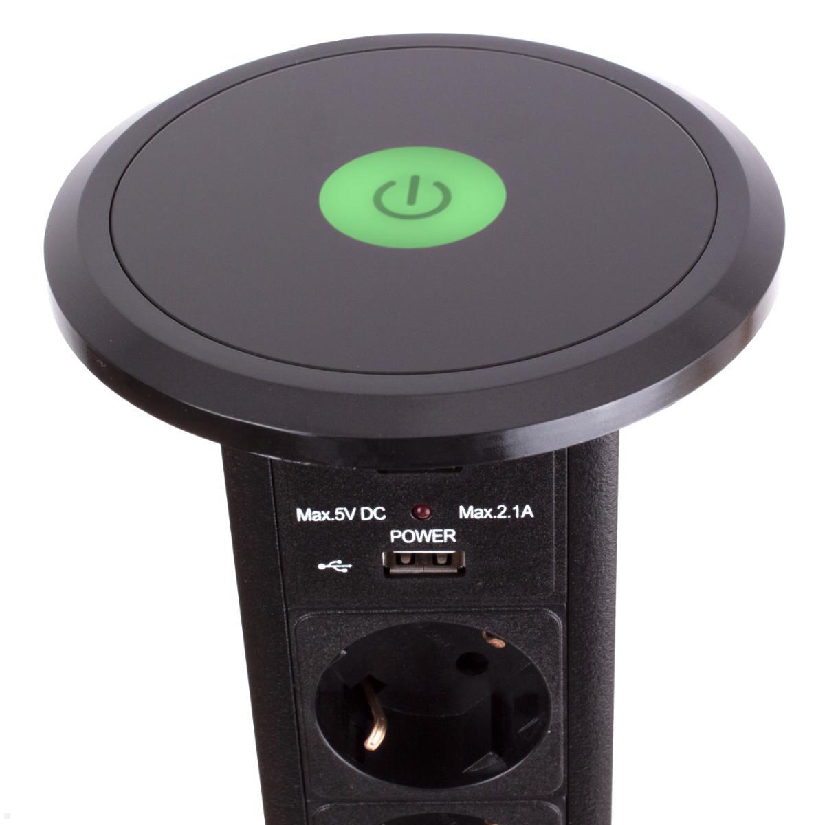 TecLines TVS007B versenkbare 3-fach Steckdosenleiste mit 2x USB, schwarz - automatisch versenkbar