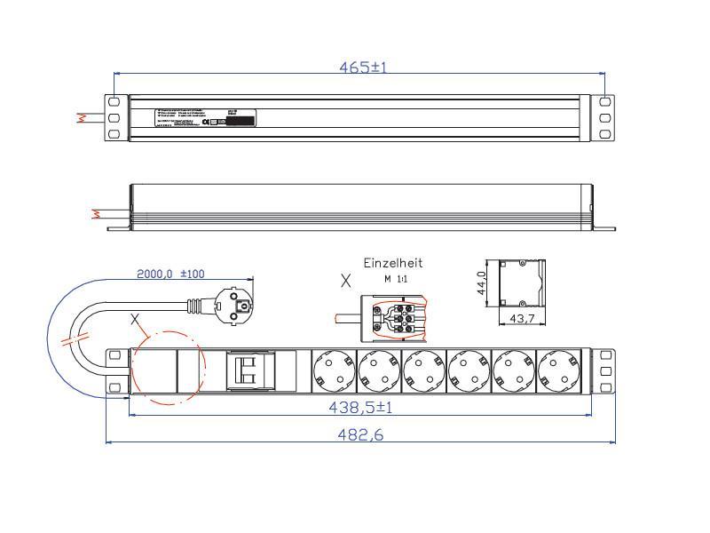 Bachmann 19 Zoll Steckdosenleiste 6x Steckdose 1x LS 1HE (333.412) Maße