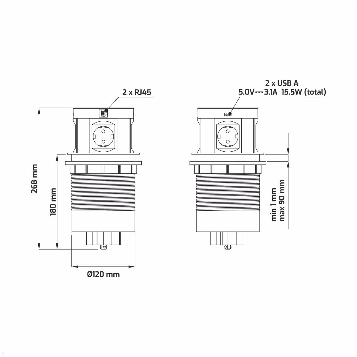 TecLines TVS003B versenkbare 4-fach Steckdose, Qi, 2x USB-A, 2x RJ45, schwarz, Zeichnung und Maße