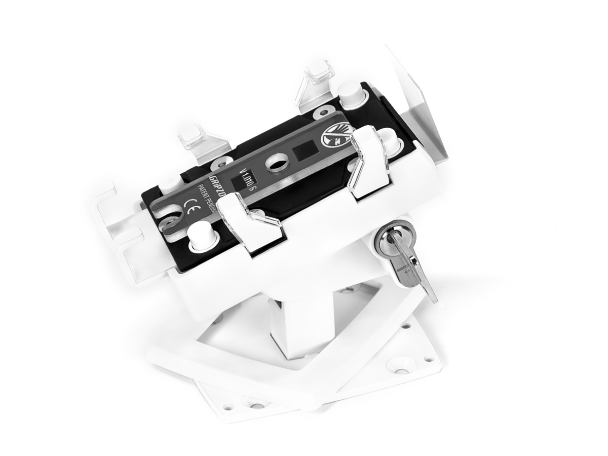 Gripzo Smartphone Tischhalterung XL bis 5,59 Zoll DS, weiß anschraubbar mit Abdeckung