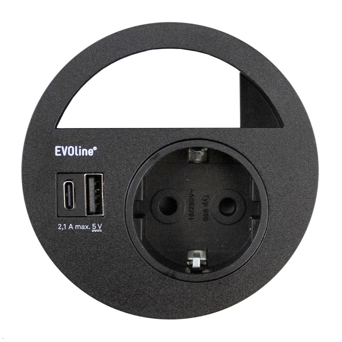 EVOline Circle80 Einbausteckdose mit 1x USB-A / 1x USB-C Charger, schwarz