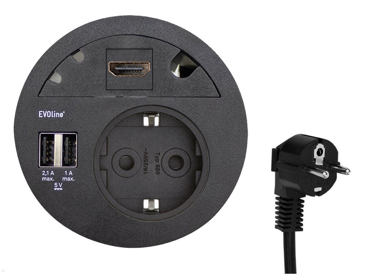 EVOline Circle80 Einbausteckdose 2xUSB mit Blende HDMI, schwarz, Stecker
