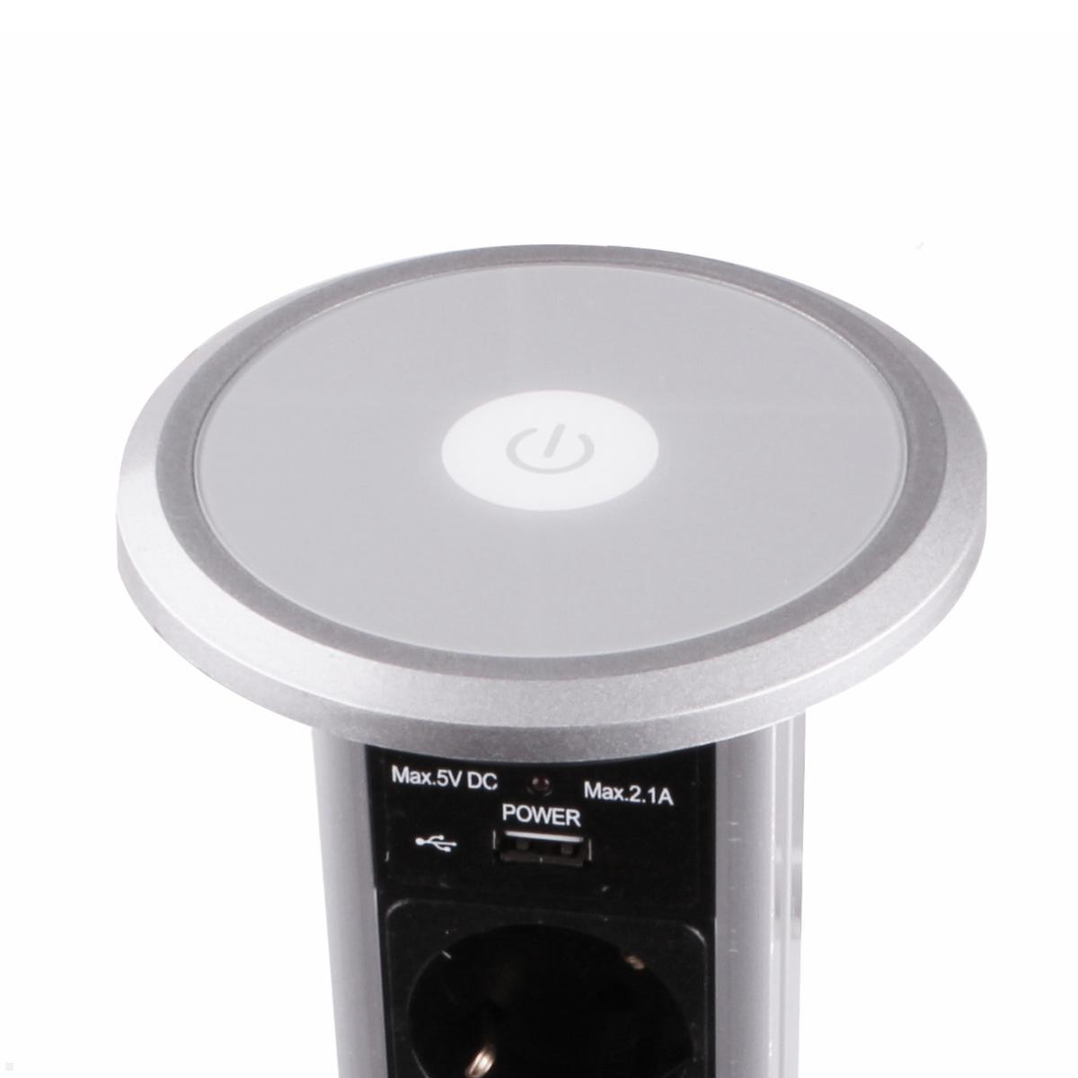 TecLines TVS007S versenkbare 3-fach Steckdosenleiste mit 2x USB, silber - automatisch versenkbar