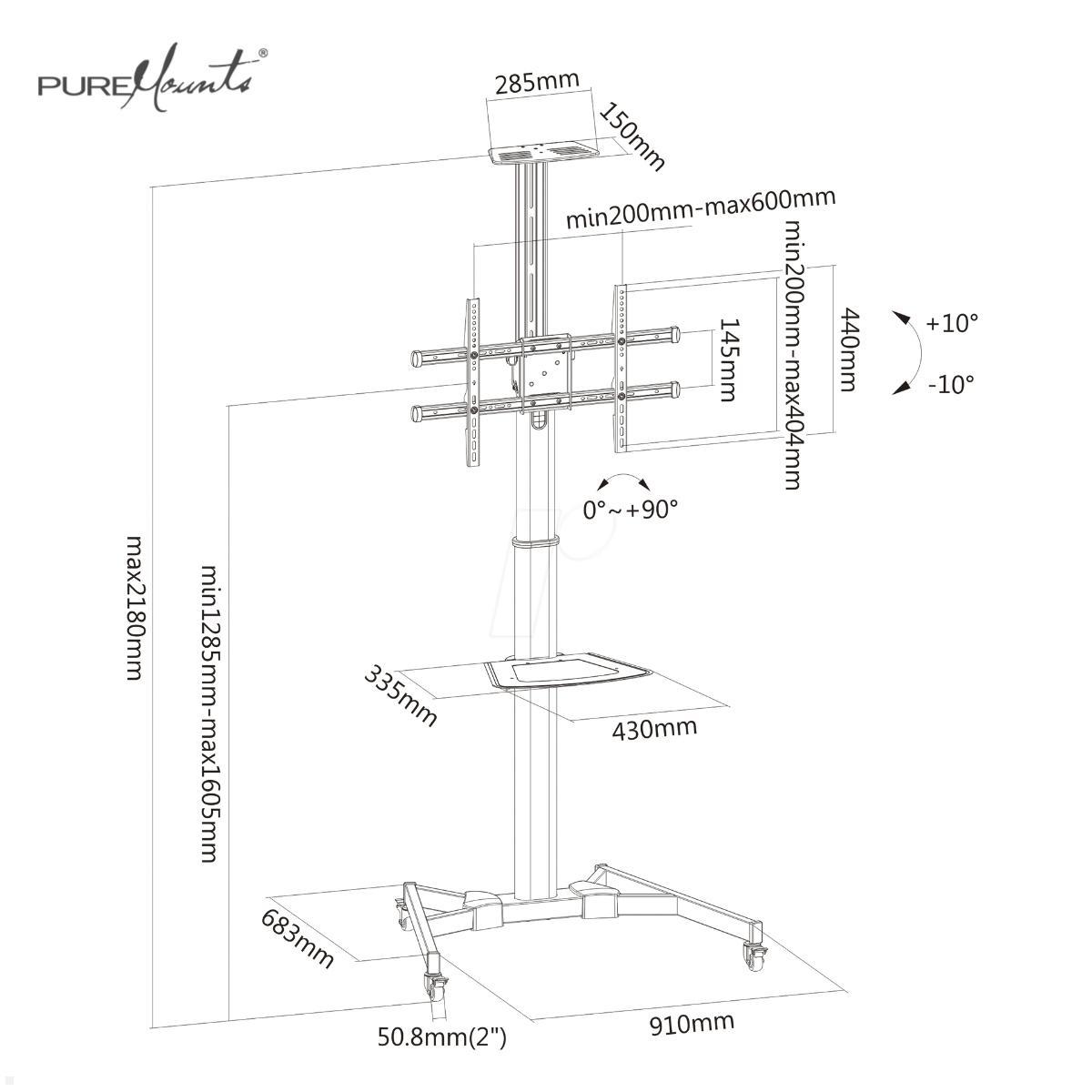 PureMounts PM-CART-70B TV Ständer mit Rollen + Ablagen bis 70 Zoll, schwarz technische Zeichnung