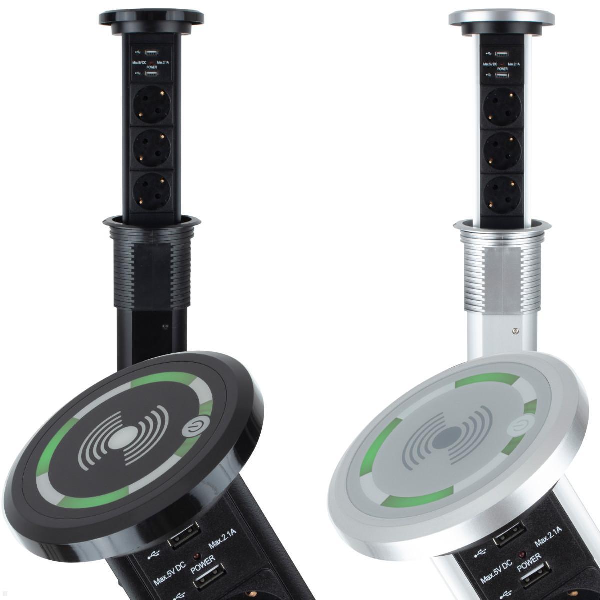 TecLines TVS006B versenkbare 3-fach Steckdosenleiste mit 2x USB, Qi, schwarz - Farbvarianten