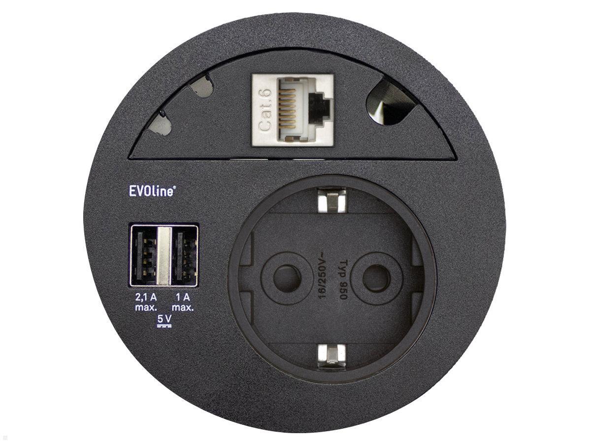 EVOline Circle80 Einbausteckdose 2xUSB mit Blende RJ45 CAT6, schwarz