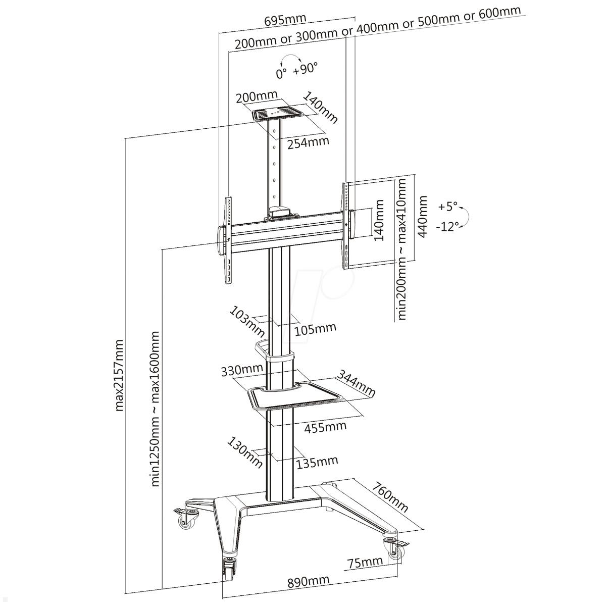 PureMounts PDS-0003C TV Ständer mit Rollen + Ablagen bis 70 Zoll, weiß technische Zeichnung