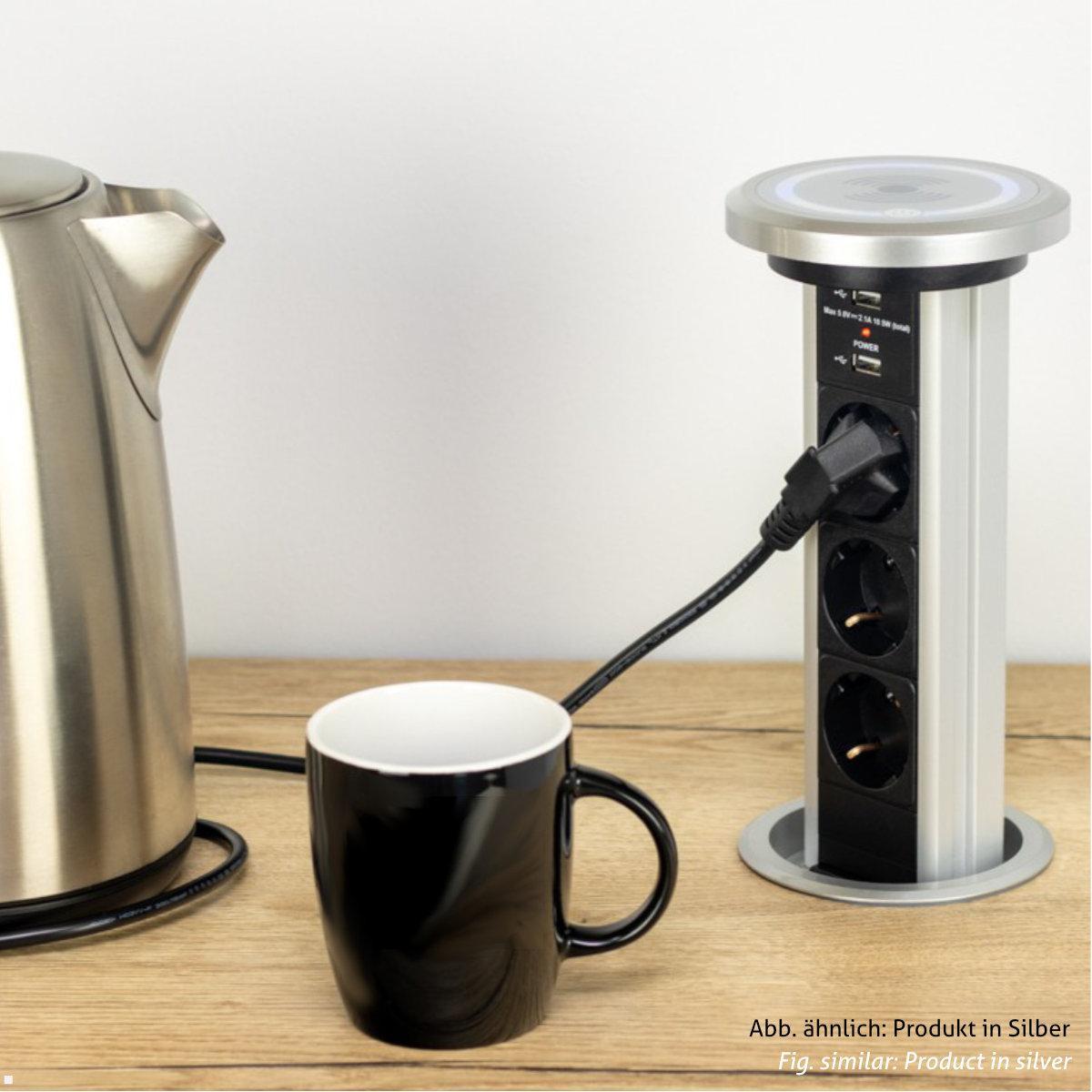 TecLines TVS006B versenkbare 3-fach Steckdosenleiste mit 2x USB, Qi, schwarz - 3-fach Steckdosenleiste