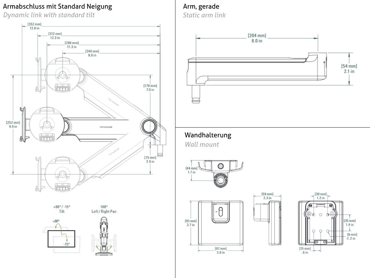 Humanscale M2.1 Monitor Wandhalterung gerade, silber, Technische Zeichnung