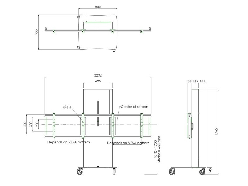 SmartMetals elektrischer Dual Monitor Trolley 65 Zoll Maße