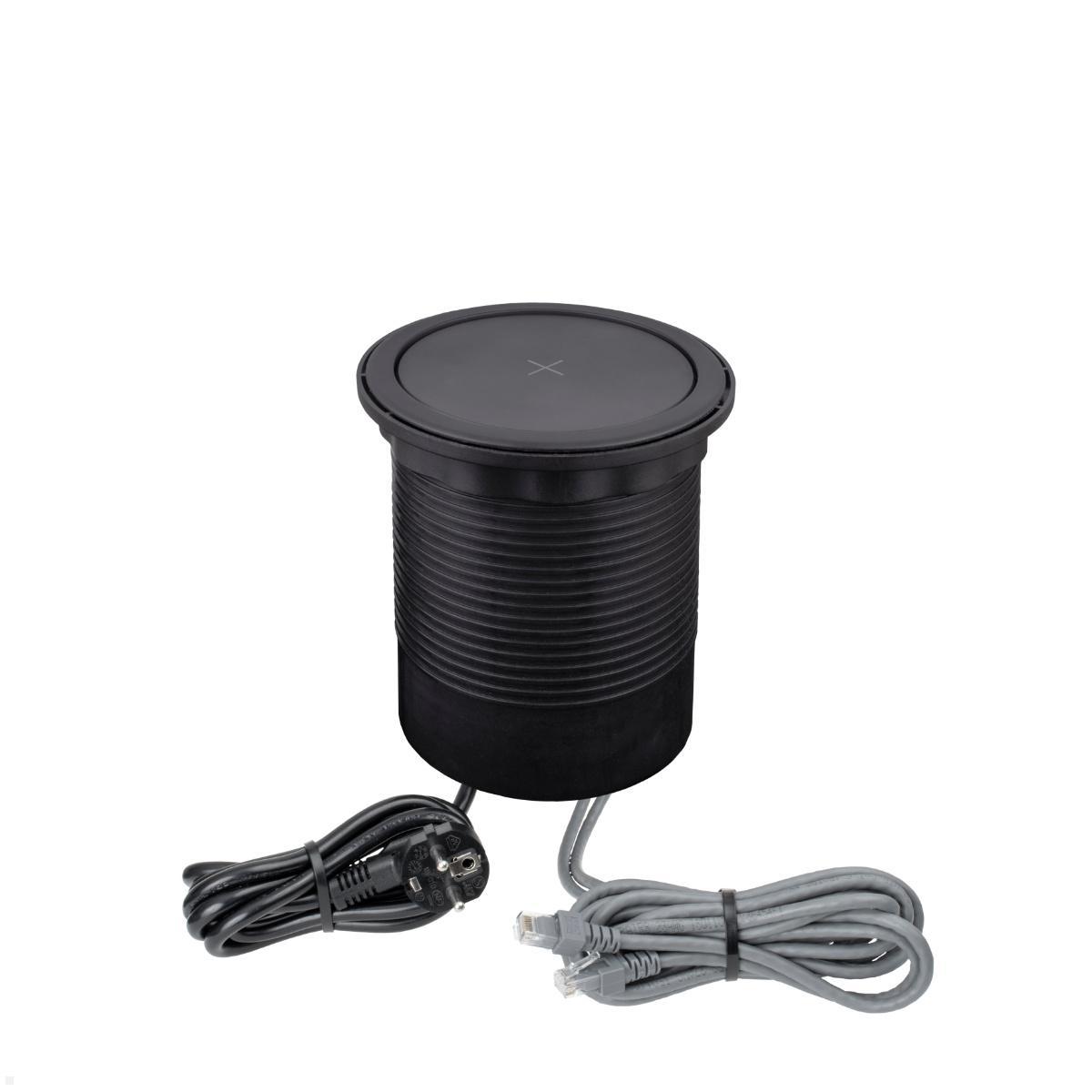 TecLines TVS003B versenkbare 4-fach Steckdose, Qi, 2x USB-A, 2x RJ45, schwarz, Stromzufuhr und Netzwerkkabel