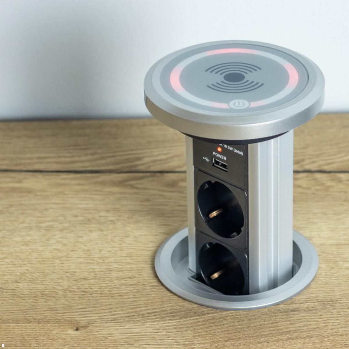 TecLines TVS006S versenkbare 3-fach Steckdosenleiste mit 2x USB, Qi, silber - Einbausteckdose