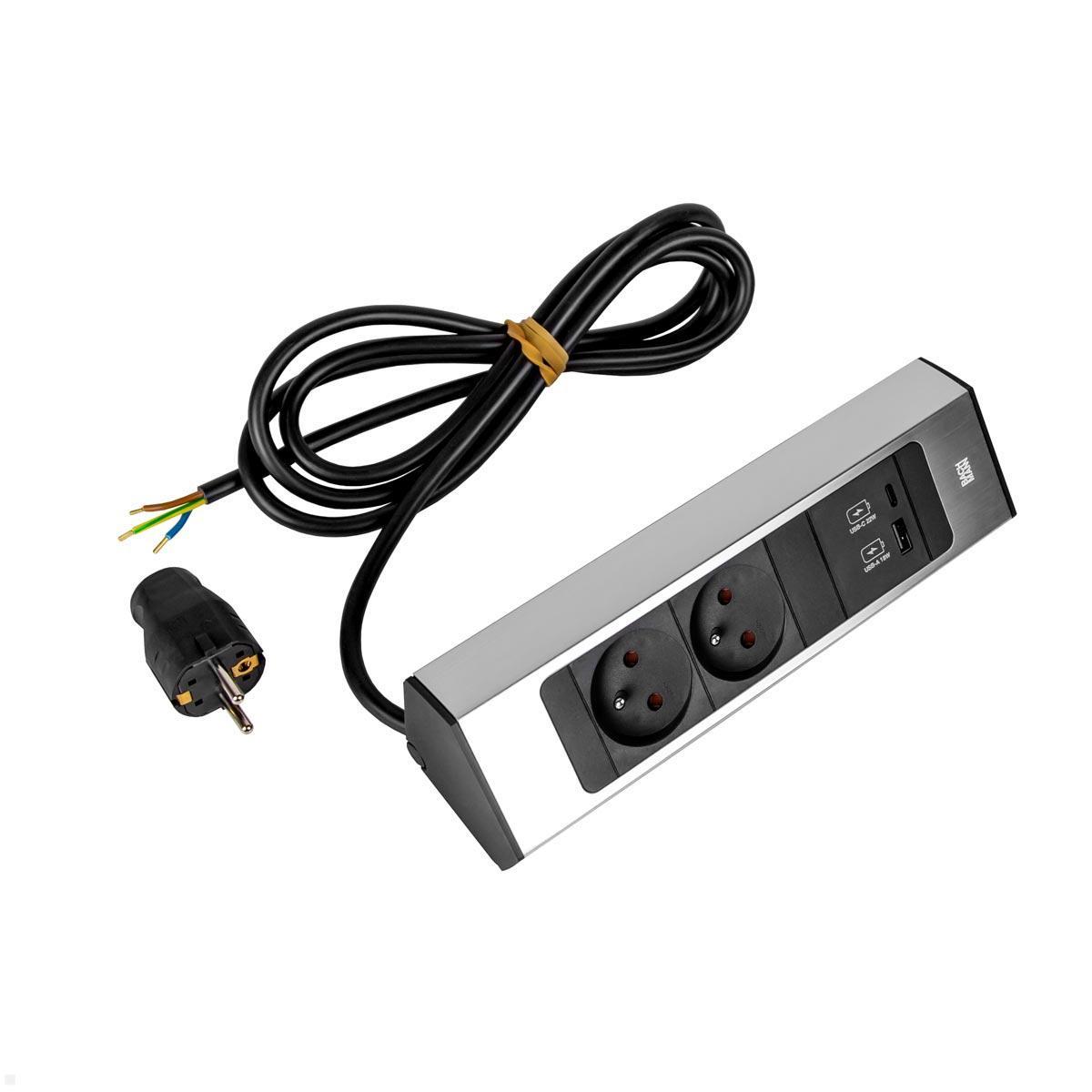 Bachmann CASIA 2 2x FR Steckdose UTE 1x USB-Charger A/C (932.003) Edelstahl-Optik, kurz, Stromzufuhr