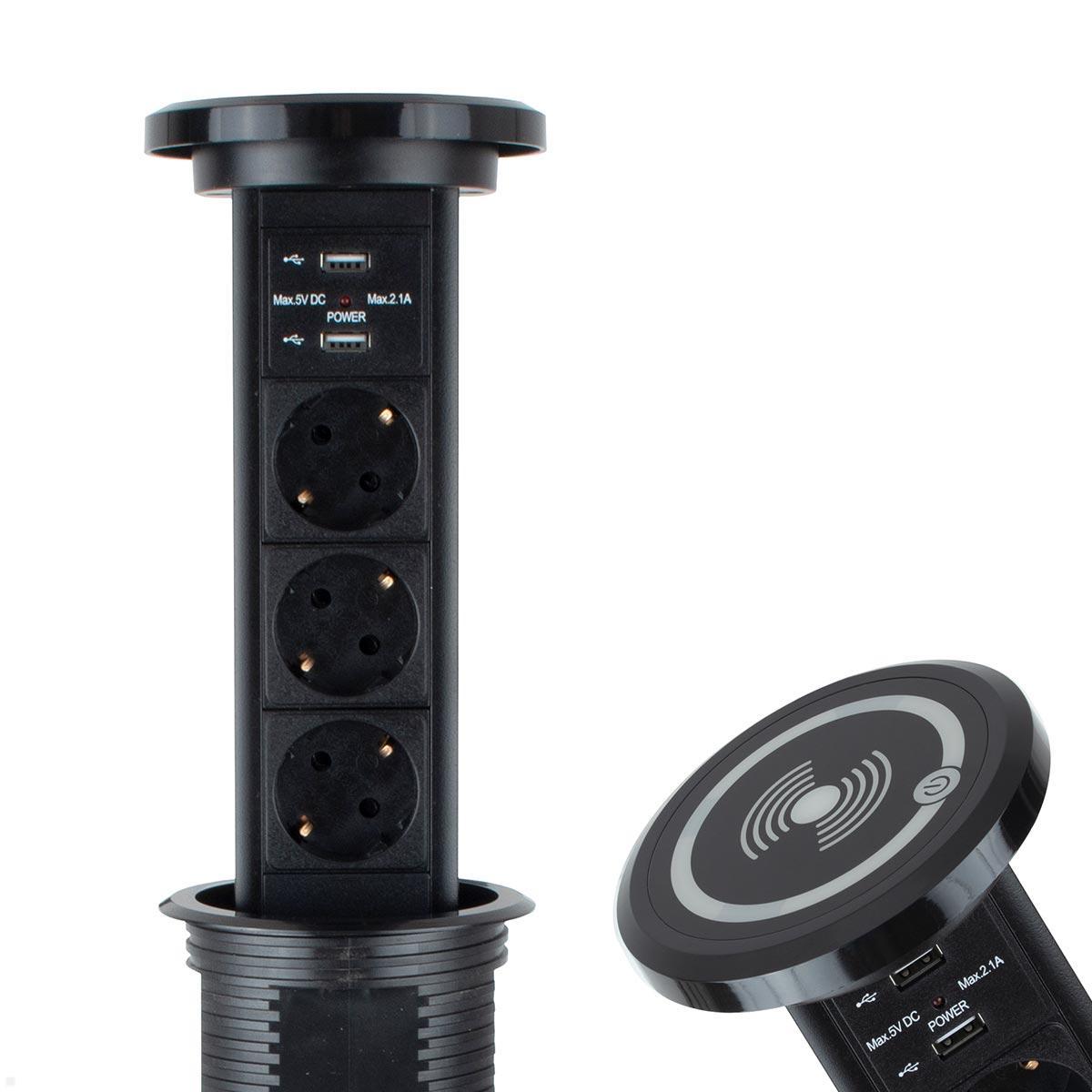 TecLines TVS006B versenkbare 3-fach Steckdosenleiste mit 2x USB, Qi, schwarz