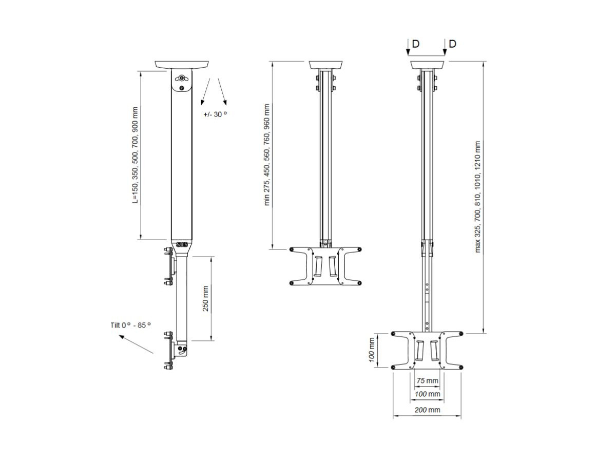 SMS Flatscreen CL VST 500-750 Monitor Deckenhalterung (FS021004) Maße