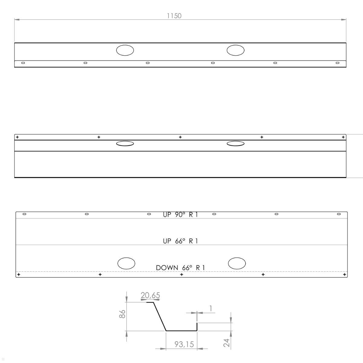 TecLines TKK007W Kabelkanal Schreibtisch 115 cm, weiß, technische Zeichnung