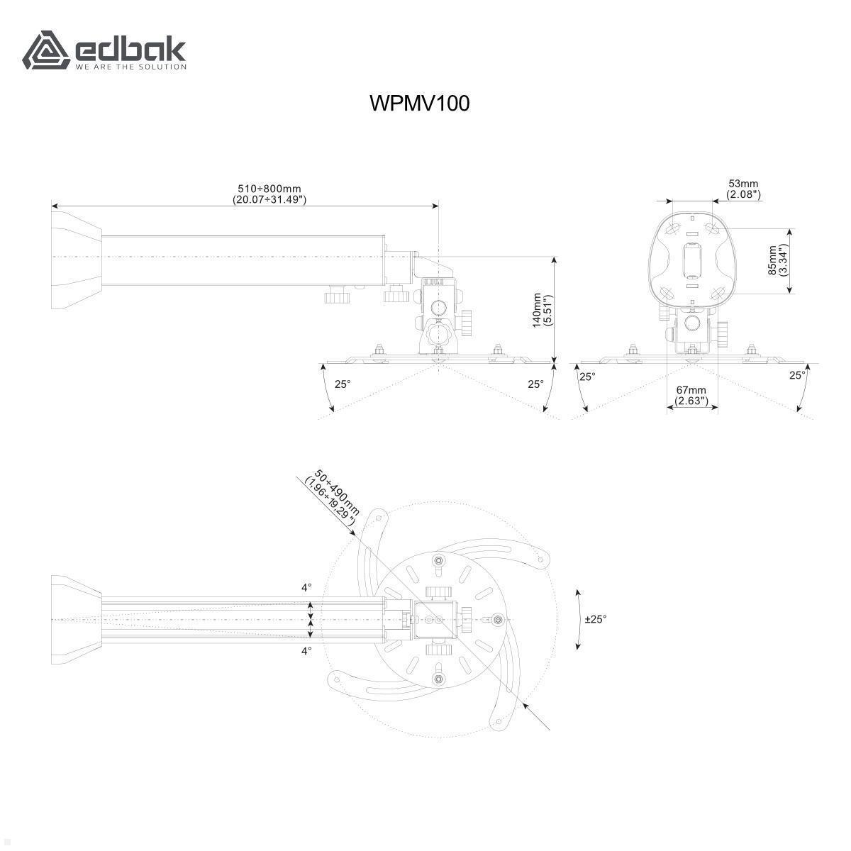 Edbak WPMV100W Beamer Wandhalterung 500-800 mm, weiß technische Zeichnung
