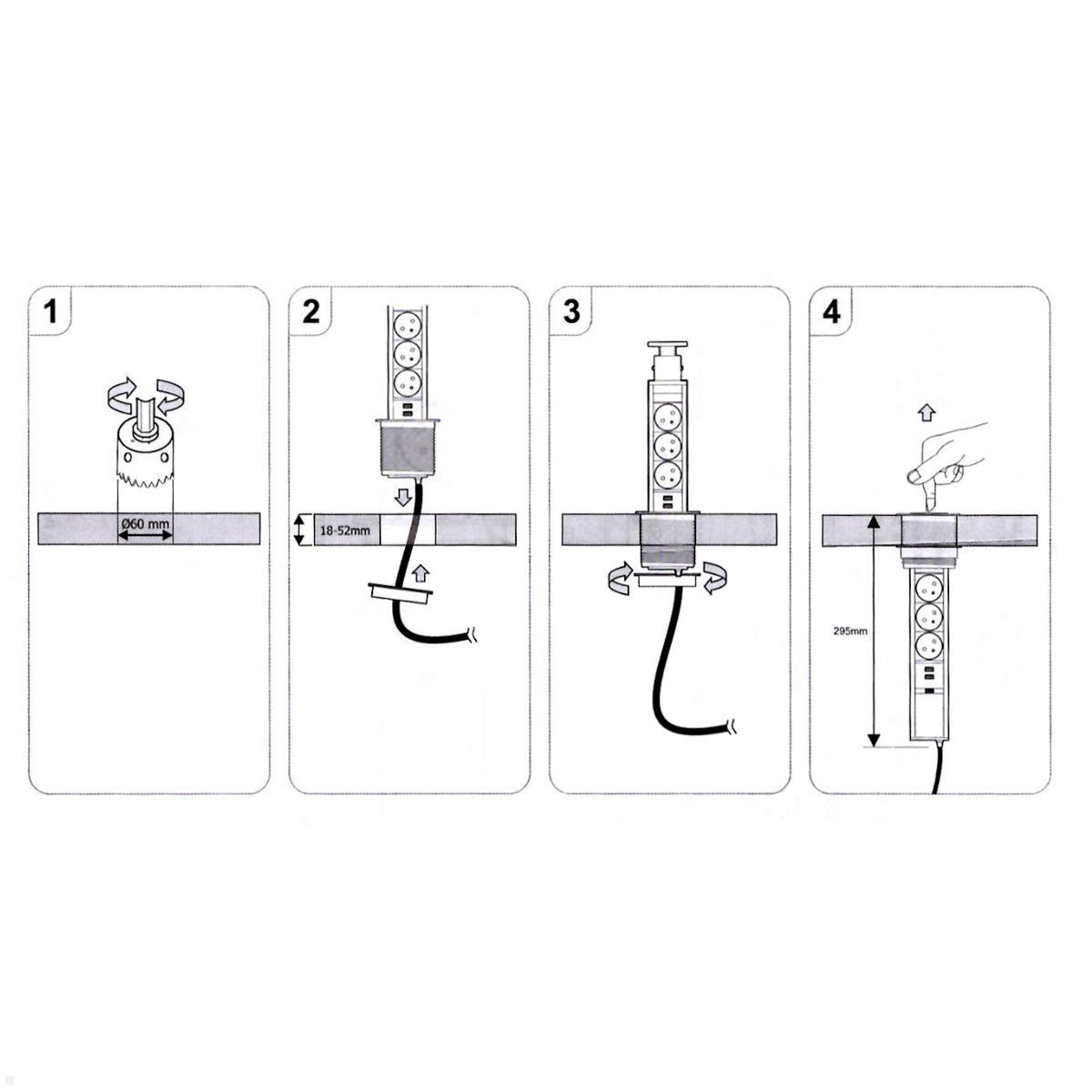 TecLines TVS009B versenkbare 3-fach Steckdosenleiste mit 2x USB, schwarz - Installation