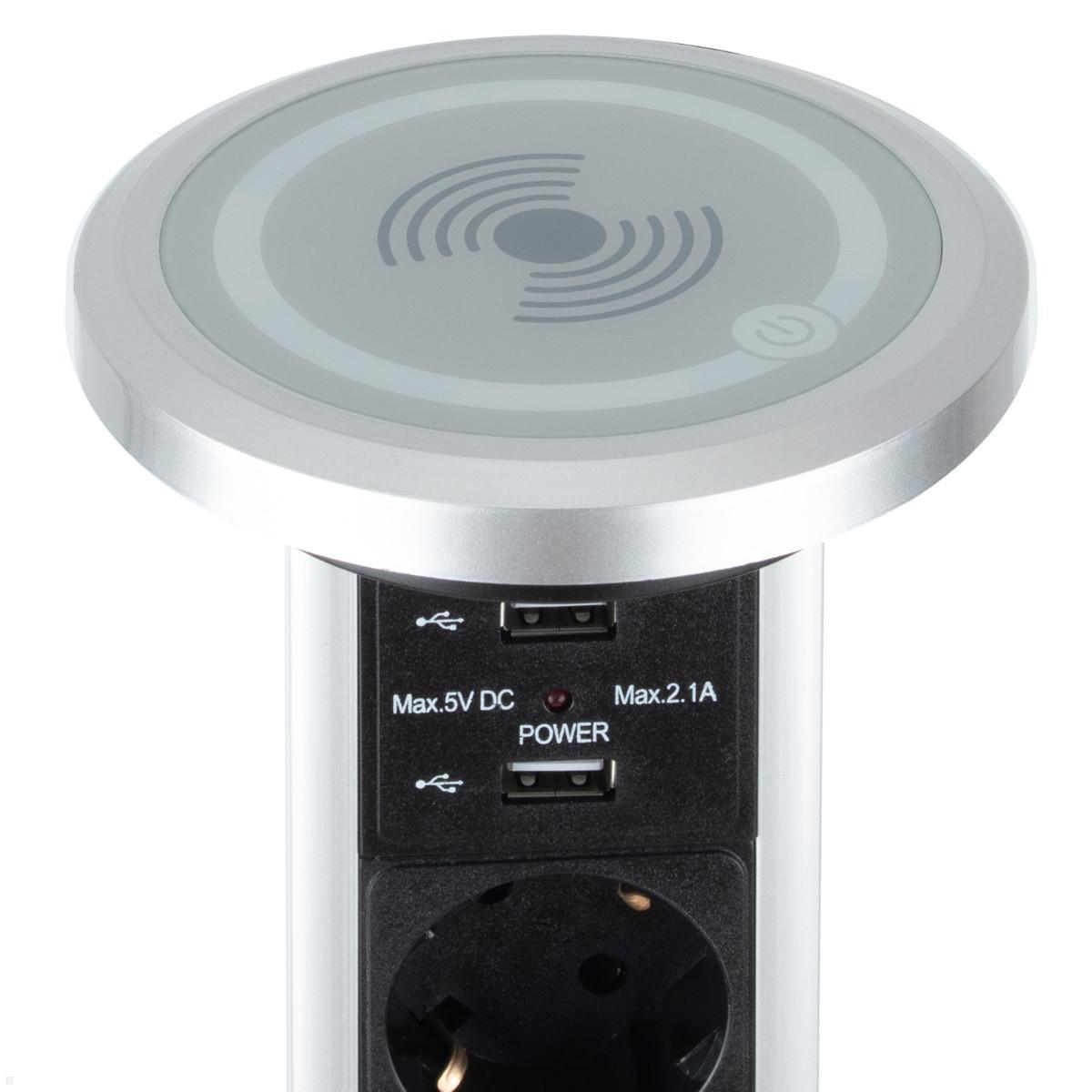 TecLines TVS006S versenkbare 3-fach Steckdosenleiste mit 2x USB, Qi, silber - Qi Ladegerät