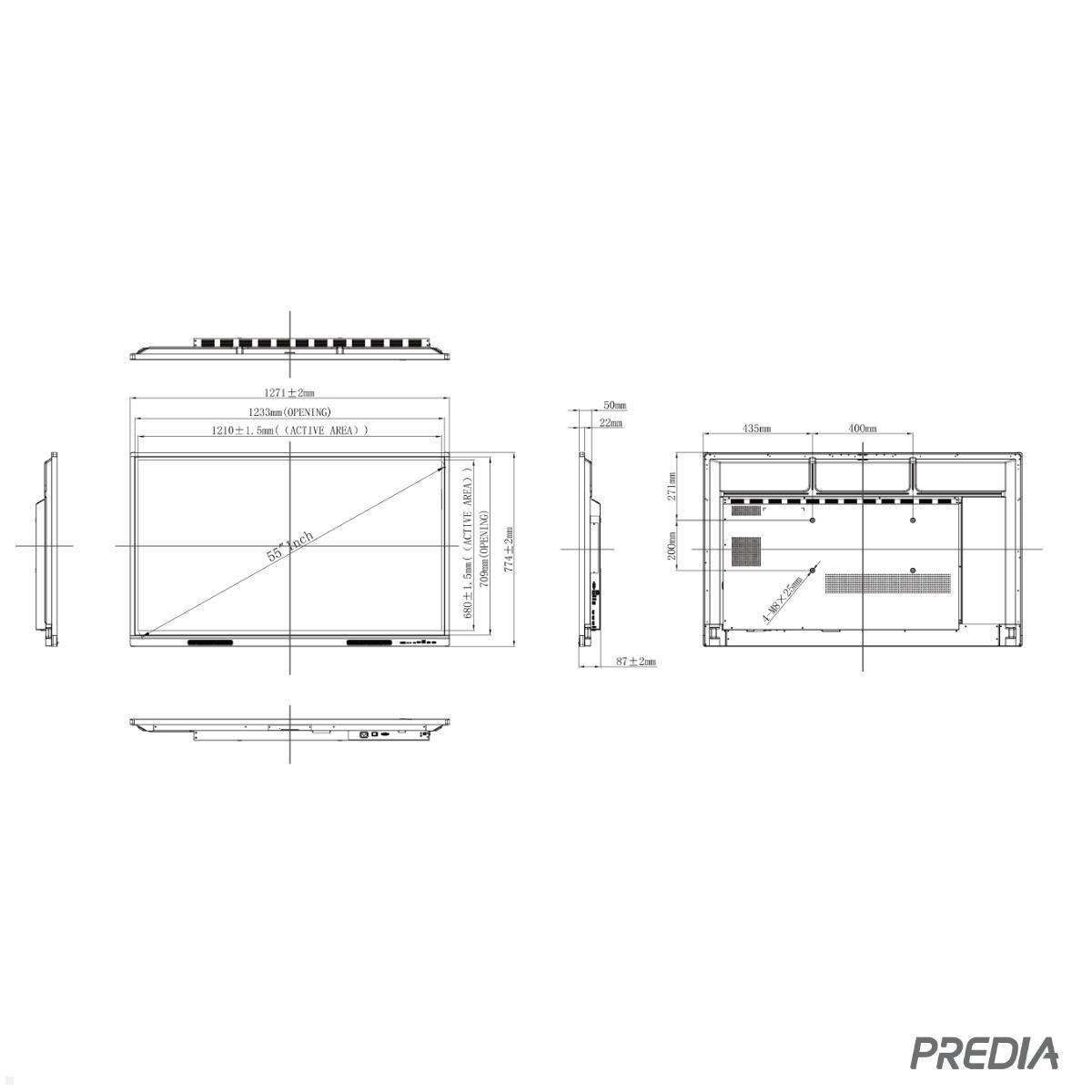 Predia Touch Swift 55 Zoll Touchscreen 4K LED Monitor Android technische Zeichnung