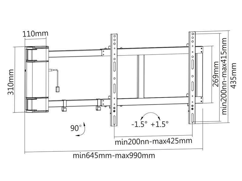 MonLines mySwing MSM04 elektrische TV Wandhalterung, schwarz, technische Zeichnung