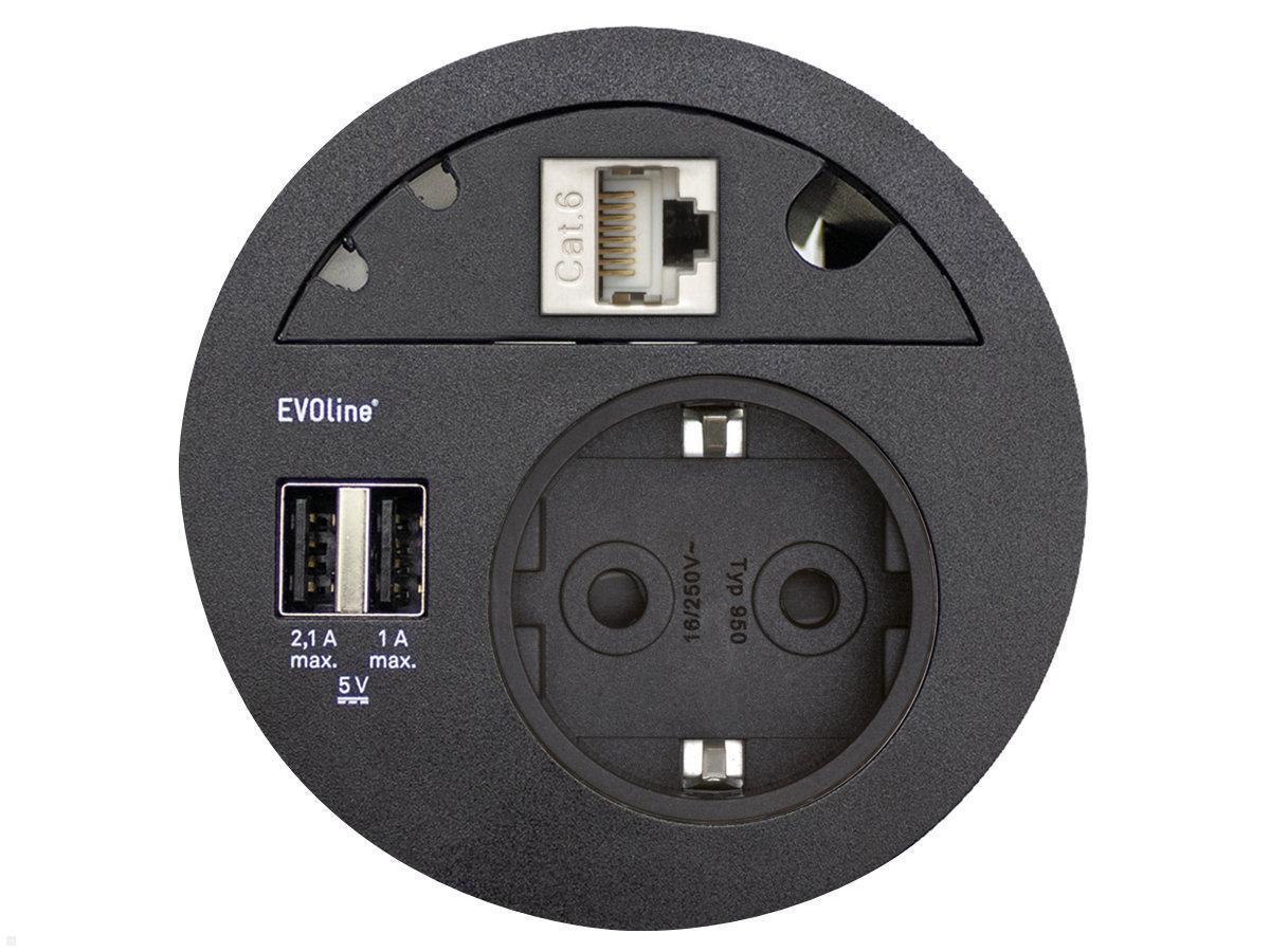EVOline Circle80 Einbausteckdose 2xUSB mit Blende RJ45 CAT6A, schwarz, Abb.ähnlich