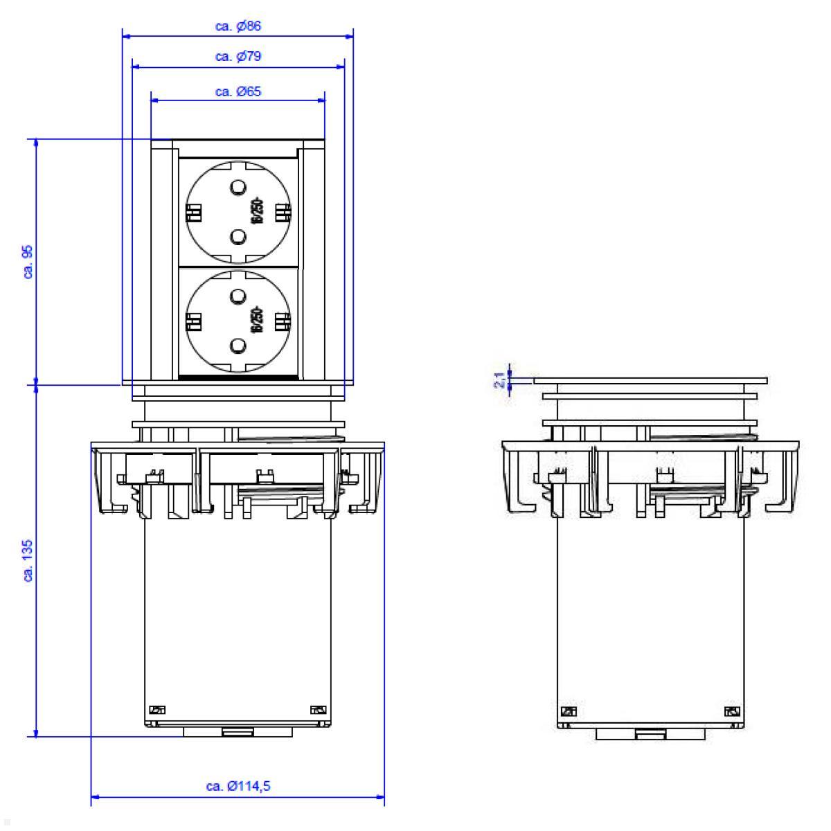 Bachmann ELEVATOR versenkbare zweifach Steckdose, schwarz (928.0024), technische Zeichnung