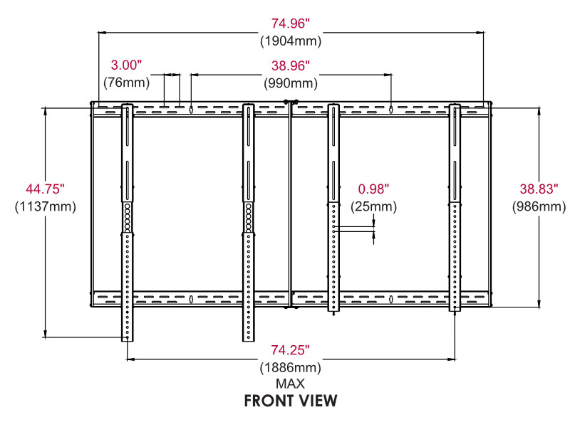 peerless DS-VW655-2X2 flache Videowand Halterung 2X2 Kit Maße