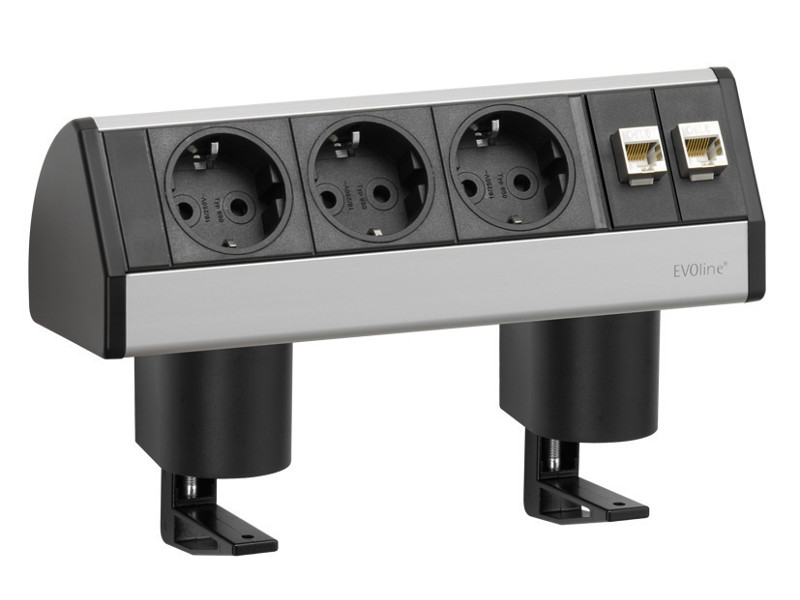 EVOline Dock Data small Tischanschlussfeld 3-fach Steckdose mit Zwinge, silber