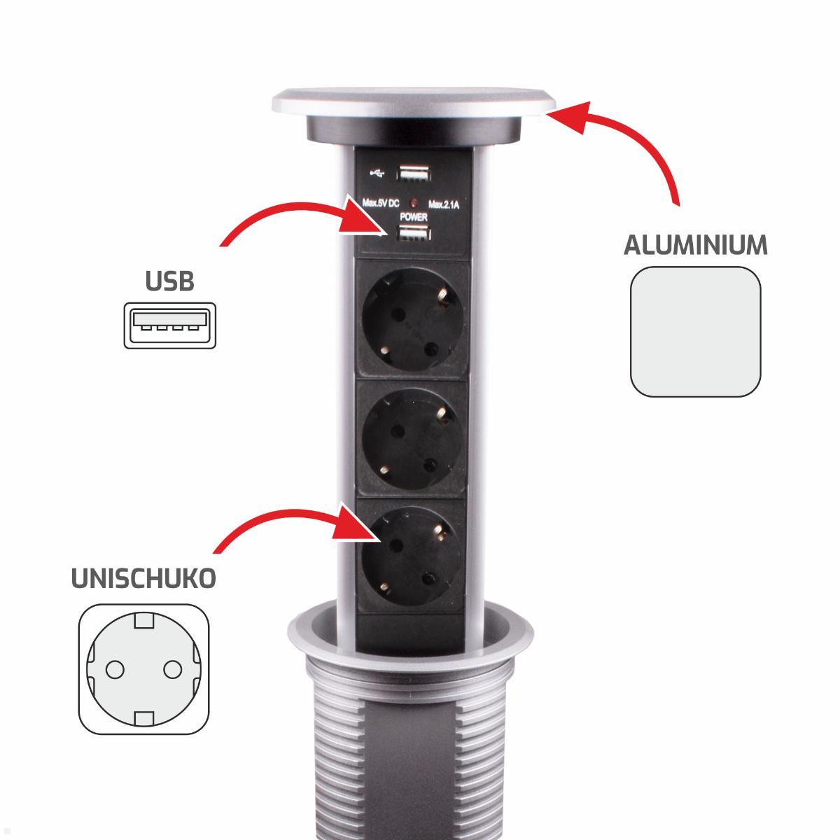 TecLines TVS007B versenkbare 3-fach Steckdosenleiste mit 2x USB, schwarz - Features