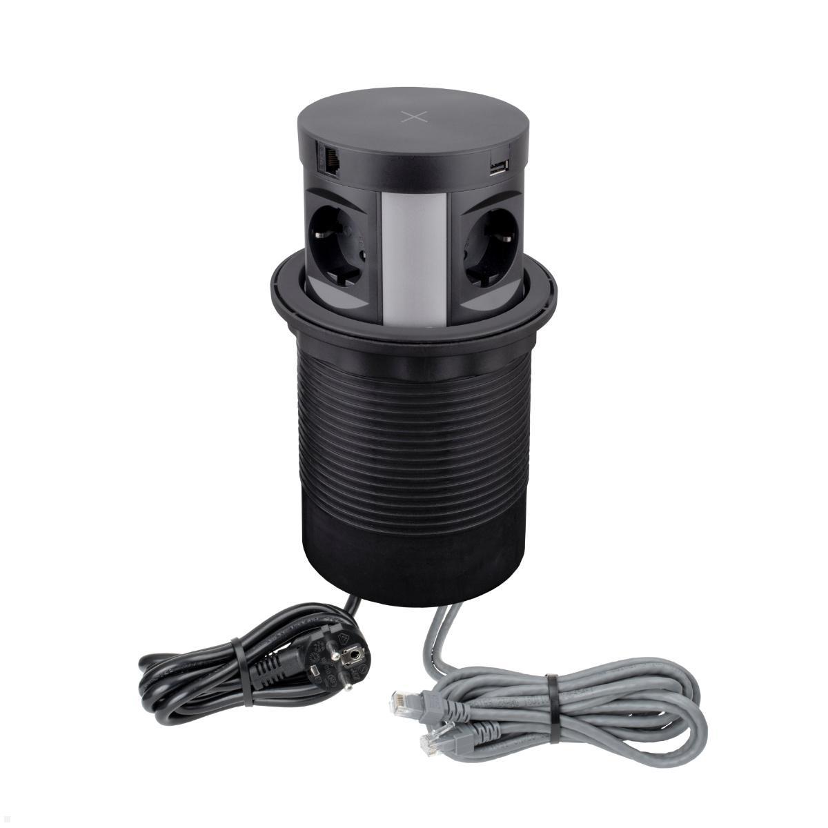 TecLines TVS003B versenkbare 4-fach Steckdose, Qi, 2x USB-A, 2x RJ45, schwarz, ausgefahren, Stromzufuhr und Netzwerkkabel