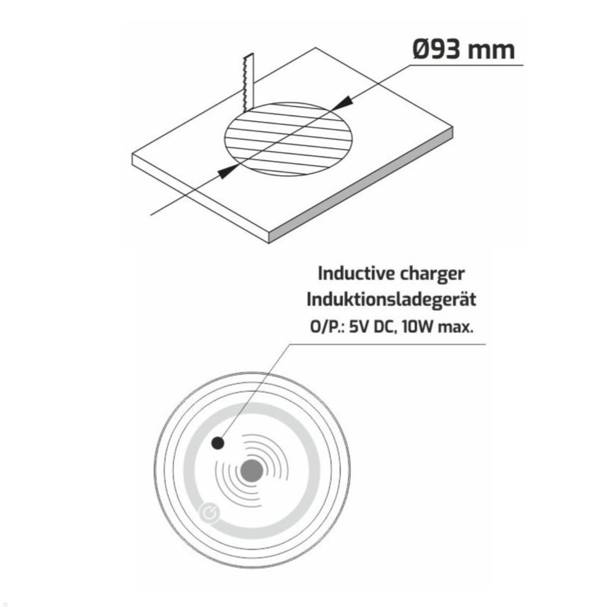 TecLines TVS006S versenkbare 3-fach Steckdosenleiste mit 2x USB, Qi, silber - Einbaudurchmesser