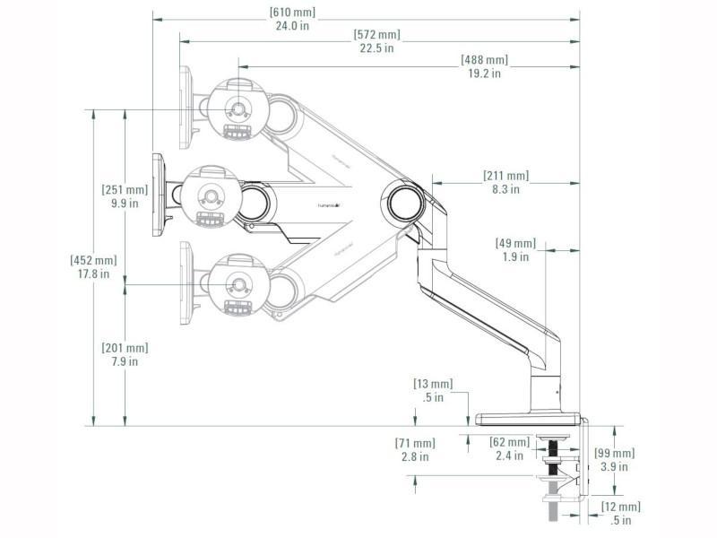 Humanscale M10 Monitor Tischhalterung Klemme, schräg, schwarz (M10CMBBTB) Technische Zeichnung