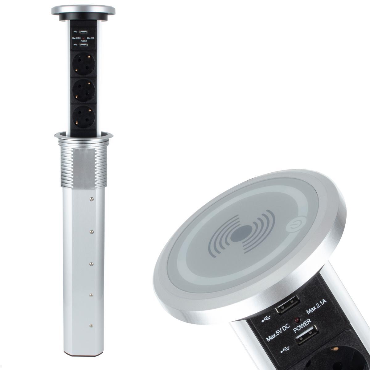 TecLines TVS006S versenkbare 3-fach Steckdosenleiste mit 2x USB, Qi, silber - front