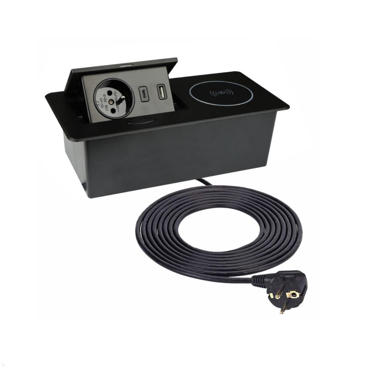 TecLines TES015B Einbau Steckdose mit USB A/C Charger, Qi, schwarz