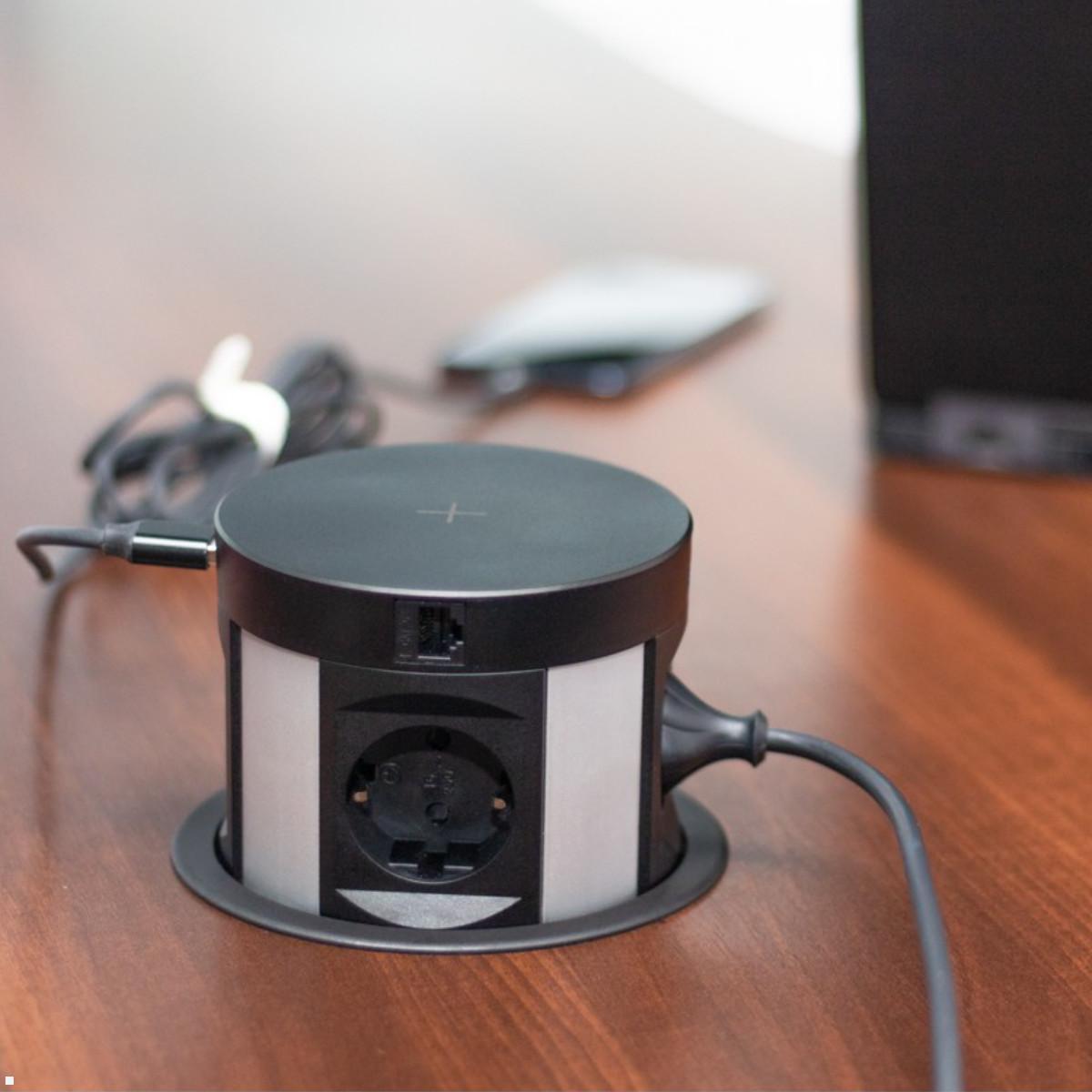 TecLines TVS003B versenkbare 4-fach Steckdose, Qi, 2x USB-A, 2x RJ45, schwarz, Anwendung Steckdose