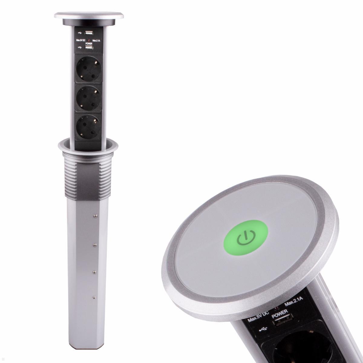 TecLines TVS007S versenkbare 3-fach Steckdosenleiste mit 2x USB, silber - front