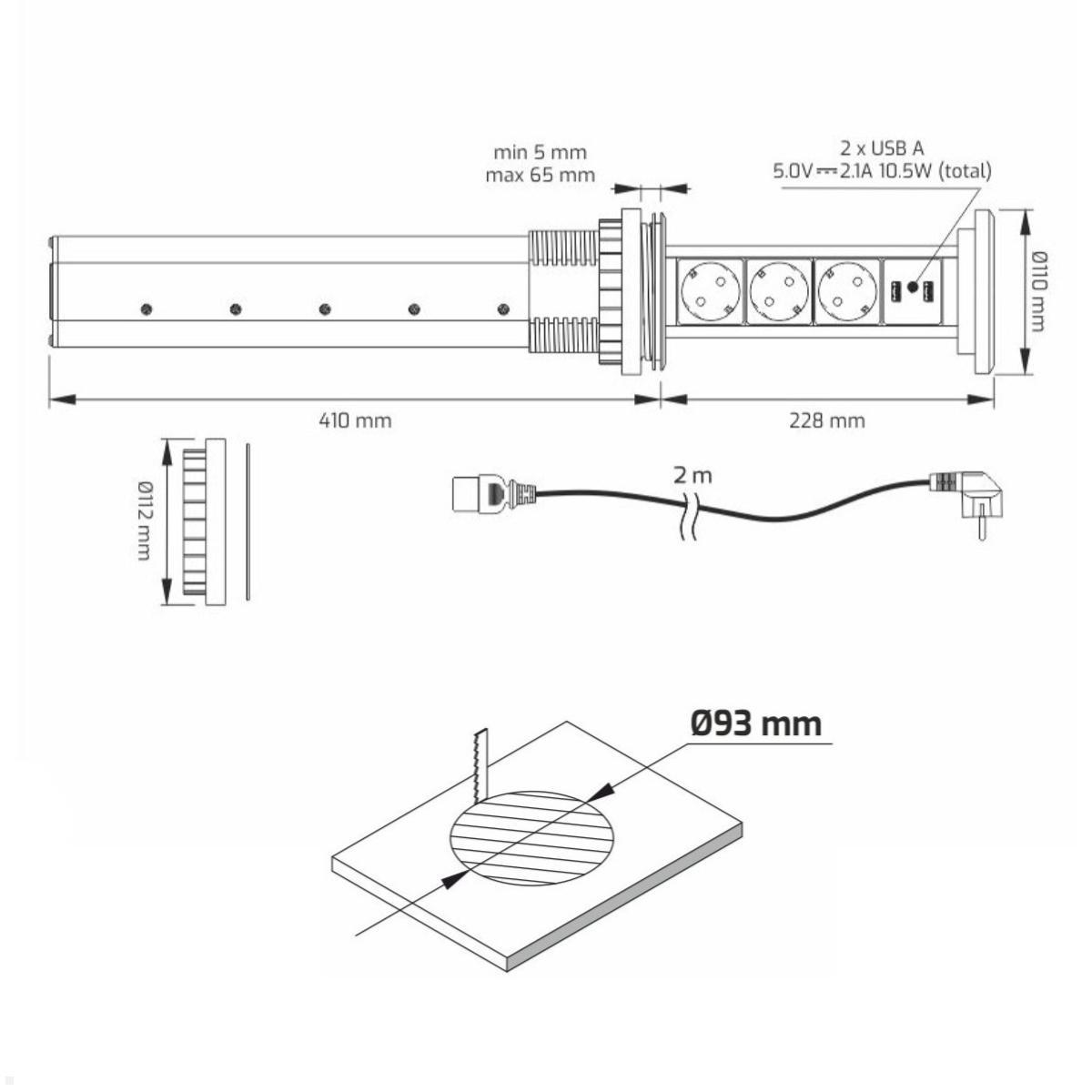 TecLines TVS007B versenkbare 3-fach Steckdosenleiste mit 2x USB, schwarz - Maße