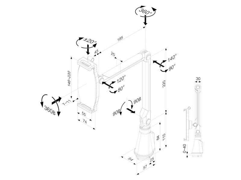 NewStar TABLET-D100 Tischhalterung mit Klemme, silber Maße