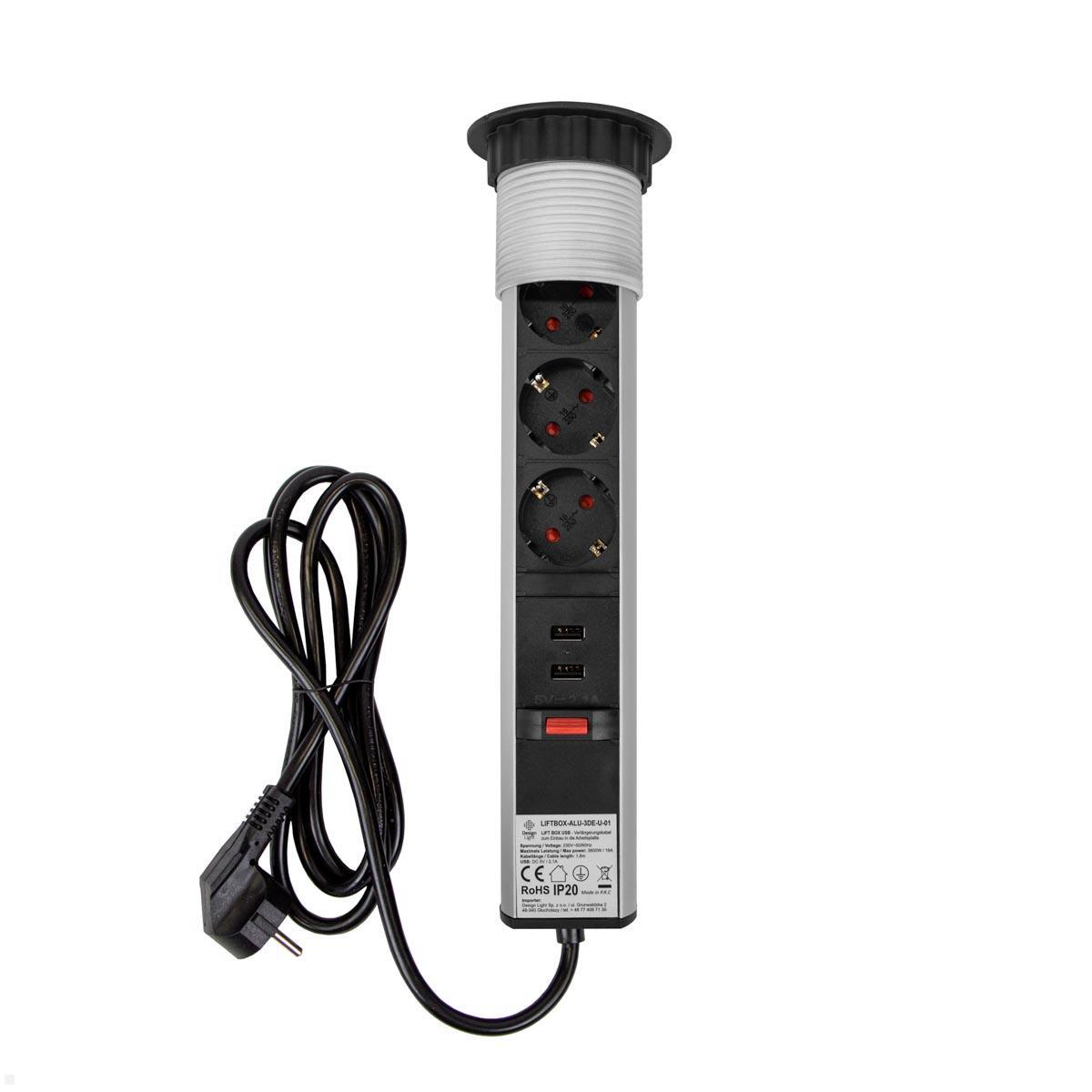 TecLines TVS009S versenkbare 3-fach Steckdosenleiste mit 2x USB, silber - front