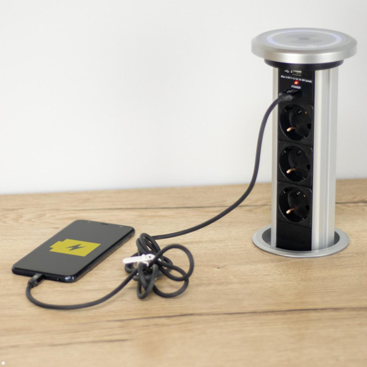 TecLines TVS006S versenkbare 3-fach Steckdosenleiste mit 2x USB, Qi, silber - USB Charger