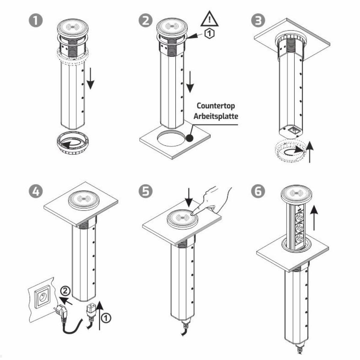 TecLines TVS006S versenkbare 3-fach Steckdosenleiste mit 2x USB, Qi, silber - Installation
