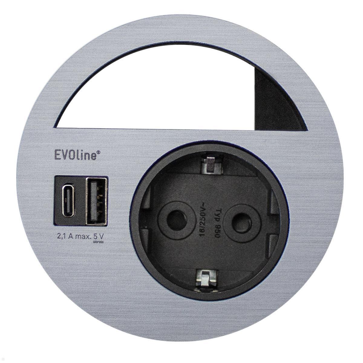 EVOline Circle80 Einbausteckdose mit 1x USB-A / 1x USB-C Charger, Edelstahl