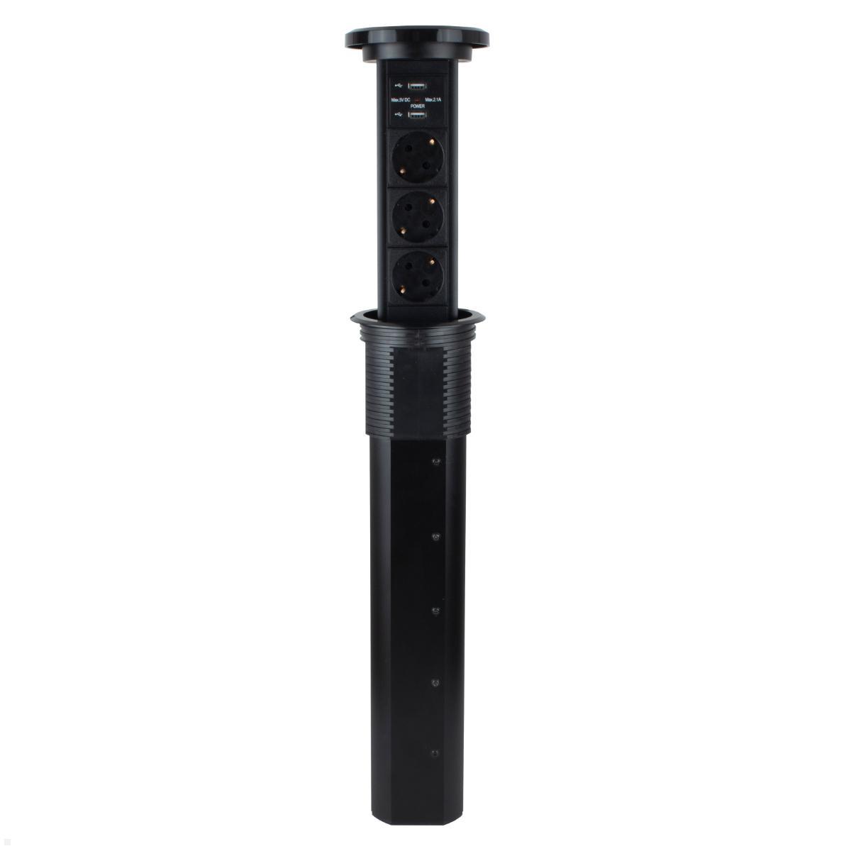 TecLines TVS007B versenkbare 3-fach Steckdosenleiste mit 2x USB, schwarz