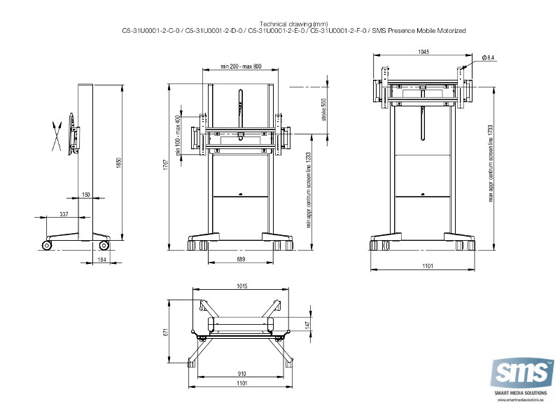 SMS Presence mobiler Monitorständer (C5-31U001-2-C-0) Zeichnung