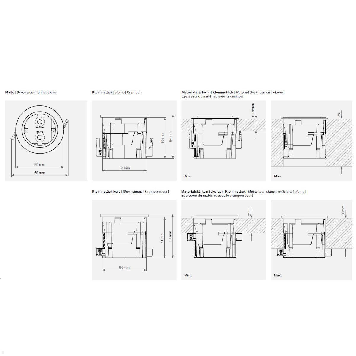 EVOline One Einbausteckdose USB, Gehäuse, weiß, Technische Zeichnung