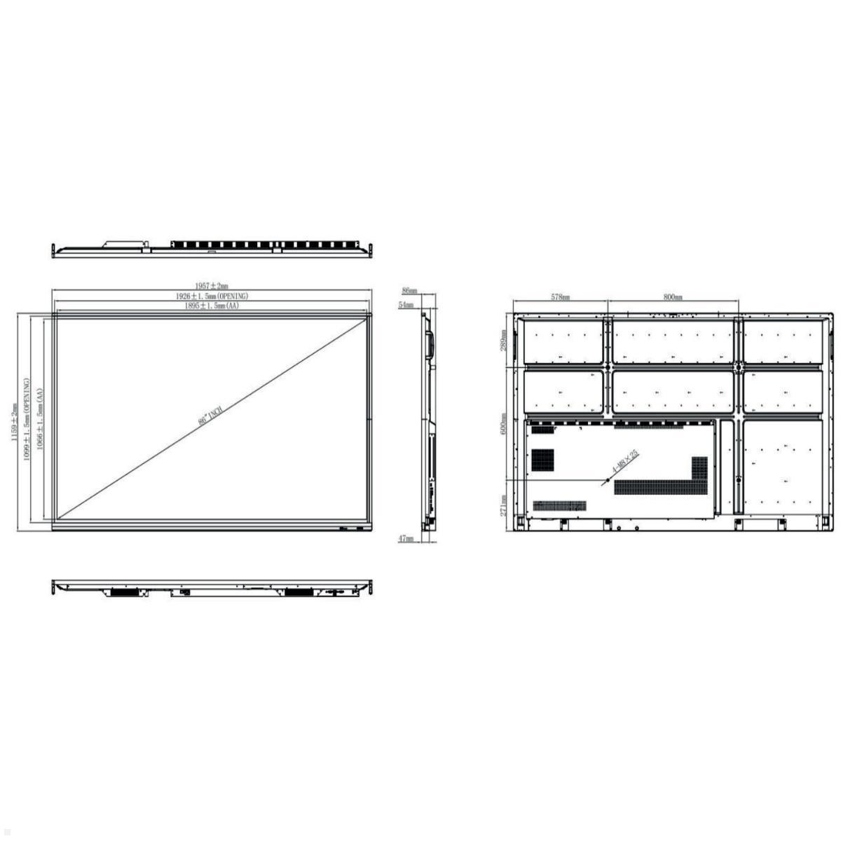 4k Touchdisplay Predia Swift 86 Zoll, Technische Zeichnung