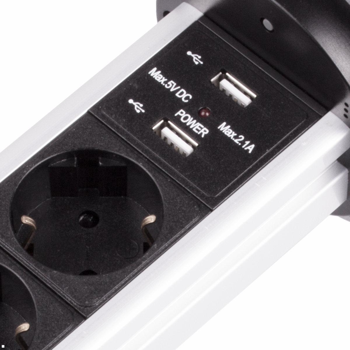 TecLines TVS006S versenkbare 3-fach Steckdosenleiste mit 2x USB, Qi, silber - USB-A Anschlüsse